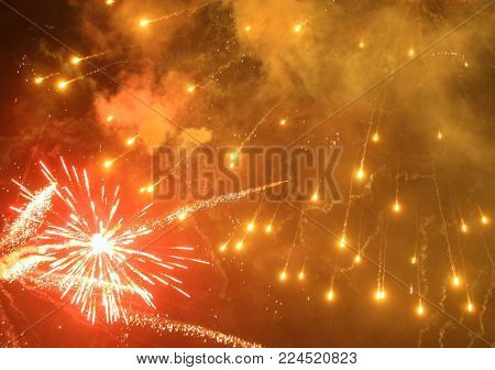 Close Up Firework Photo With Fire Sparkles And Flowers On Black Sky