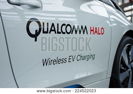 Frankfurt Am Main - September 15 2017: Qualcomm Halo Wireless Ev Charging Bmw Vehicle In Frankfurt A