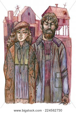 Watercolor illustration with two lovers in country