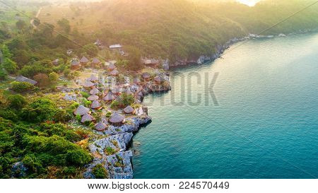Aerial View Of Cottage On The Si Chang Island, Thailand.