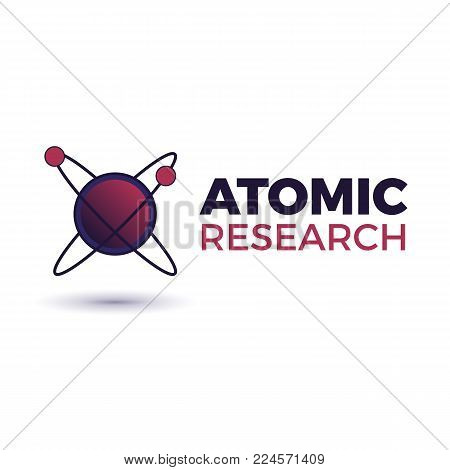 Atomic research logo concept. Vector atom illustration. Symbol of space, science, education, nuclear physics, scientific researc, game design. Core and orbits, molecule model with particles. Isolated.