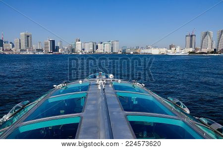 Tokyo, Japan - Jan 4, 2016. Hotaluna Tourist Ferry Runs On Tokyo Bay At Sunny Day. Hotaluna Is The S