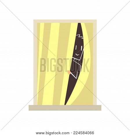 Silhouette of man looking through closed curtains. View on apartment window from street. Architecture detail element. Building facade. Colorful flat vector illustration isolated on white background