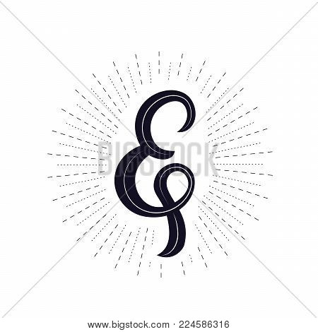 Elegant hand written ampersand with light rays, sunburst. Modern brush calligraphy, lettering, typography for invitation card. Isolated on background. Vector illustration.