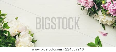 Spring floral layout with flowers. Flat-lay of tender pale pink and white peonies over white background, top view, copy space. Womens day, Valentines or lovers day greeting card or wedding invitation