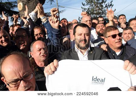 Roccasecca, Italy - January 18, 2018 - Matteo Salvini meets the workers of the Ideal Standard factory