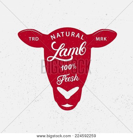 Lamb logo, label, print, poster for butcher shop, farmer market, groceries, meat stores. Red sheep head silhouette. Lamb, fresh hand written lettering words. Vintage style. Vector illustration