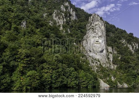 Decebal Head sculpted in rock, carved in the mountains, Esalnita, Danube Gorges, Romania