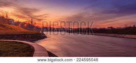 Picturesque sunset landscape at Nisava river, Serbia