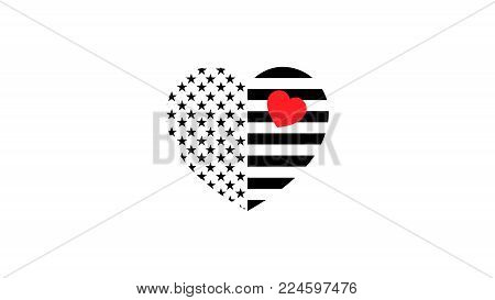 stylish, flat black and white flag of the USA in the form of a heart. vector template