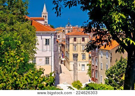 Kalelarga and historic Zadar landmarks view through green frame, Adriatic coast of Dalmatia region in Croatia