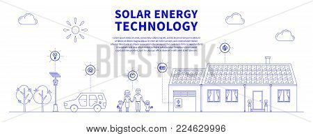 Solar battery system vector illustration. Eco power source line art concept. House, family, car and solar electricity system graphic design with sample text.
