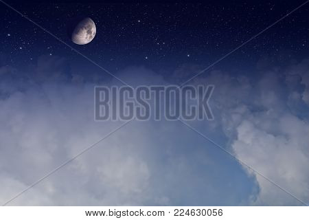abstract background night sky with stars, halfl moon and clouds