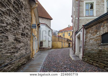 Historic Narrow Street Of The Old Town In Tallinn Pikk Jalg