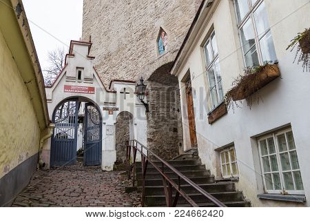 Historic Narrow Street Of The Old Town In Tallinn Pikk Jalg