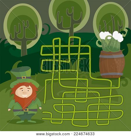 Maze game for kids with gnome and green beer. Help red Leprechaun to find his way to the green beer. Vector cartoon template page with game.