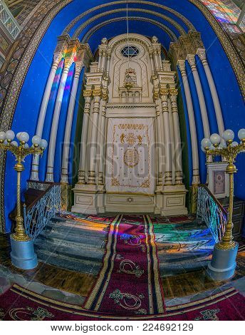 ORADEA, ROMANIA - JANUARY 27, 2018: Altar inside of the Orthodox Synagogue. It was built in 1890 after the plans of Knapp Ferencz in neo-maorical style.