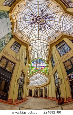 ORADEA, ROMANIA - JANUARY 27, 2018: The Black Eagle Palace and glass covered passage, landmark of the city. Built between 1907-1908 by the architects Marcell Komor and Ods