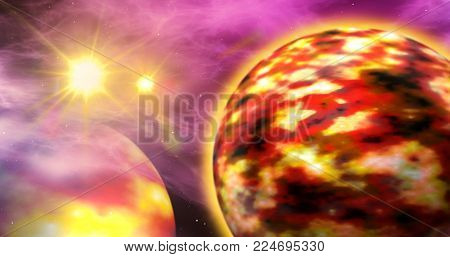 Exoplanets in a distant solar system with nebula clouds in the background. Abstract art of planets and space exploration.