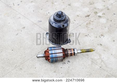 Electric Wiper Motor For Car Wipers. Disassembled Electric Motor.
