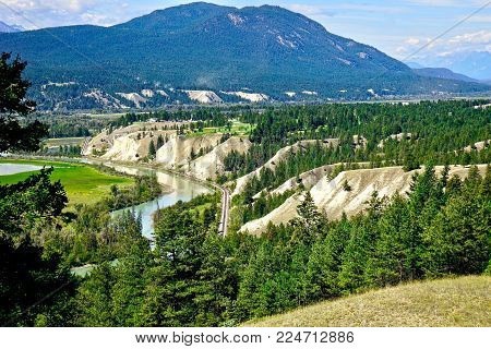 Mountain and river valley scenery from viewpoint approaching Radium, British Columbia