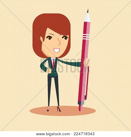 Portrait of a young smiling woman holding a pen. Stock flat vector illustration.