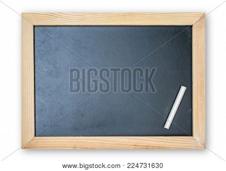 Black blank chalkboard in light pine wood frame (clipping path) white chalk empty copyspace for adding announcement