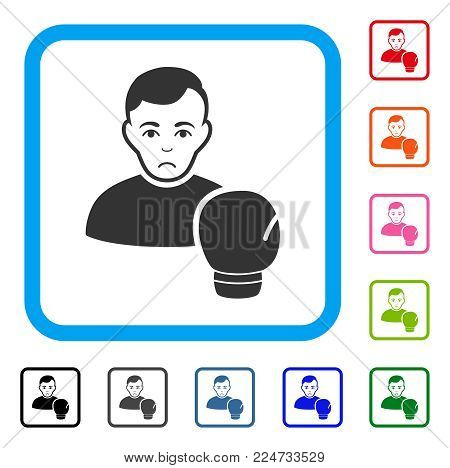 Dolor Boxing Sportsman vector pictograph. Human face has sorrow mood. Black, gray, green, blue, red, orange color versions of boxing sportsman symbol in a rounded frame.