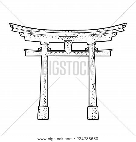 Traditional japanese torii gate in Japan. Vintage black vector engraving illustration for poster, label, web. Isolated on white background. Hand drawn design element
