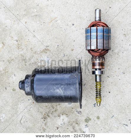 Electric Wiper Motor For Car Wipers. Disassembled Electric Motor.