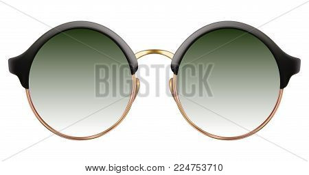Realistic sunglasses with green gradient lens and round cat eye frame. Vector 3D illustration