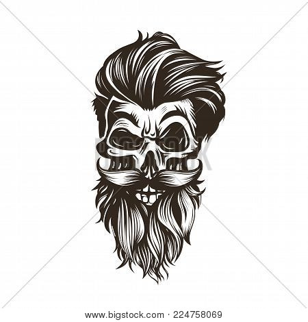 Skull with a hairstyle, beard, mustache on white background vector illustration design.