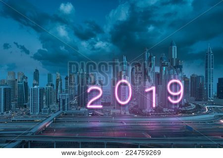 Modern neon glowing 2019 new year advertising design. Future predictions and time passing concept.