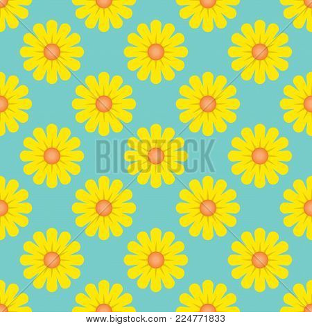 Bright yellow sunflowers forming seamless pattern over blue backgorund