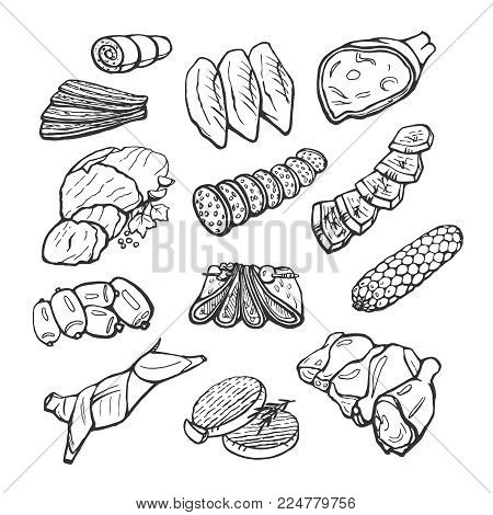 Vector Set Of Meat, Fillets, Meat Products, Sausages. Isolated Vector Hand Drawings On White Backgro
