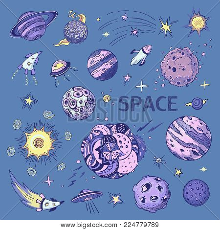 Collection Of Space Objects. Planets, Rockets, Asteroids, Spaceships, Stars. Colored Drawings In Car