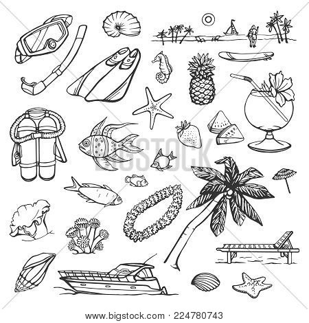 Vector collection of sketching diving, relaxing on the beach. Isolated drawings on white background