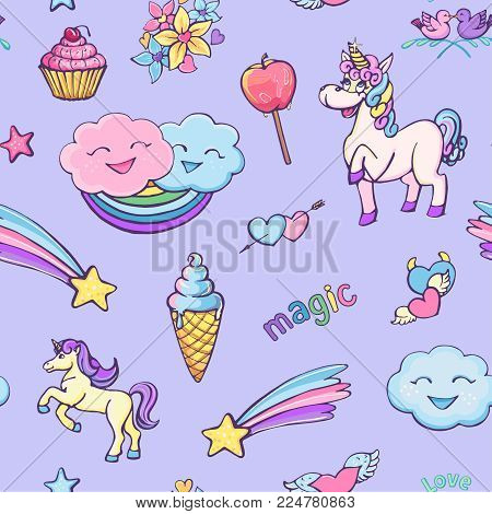 Seamless pattern on a violet background of unicorns, magic, rainbow, ice cream. Bright, funny graphics in a cartoon cute style
