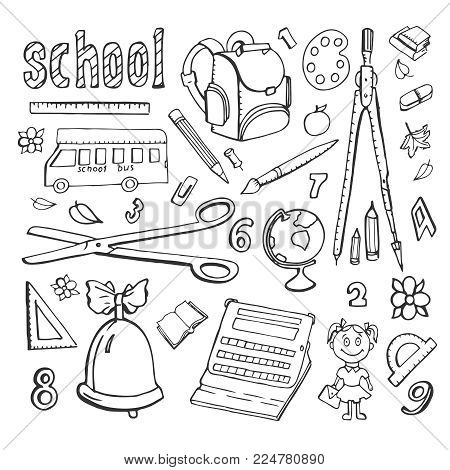 Collection of doodles drawings school. Hand drawings on a white background. School bus, school satchel, stationery