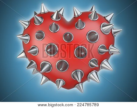 Evil red heart covered metallick thorns. Isolated over background 3d illustration.