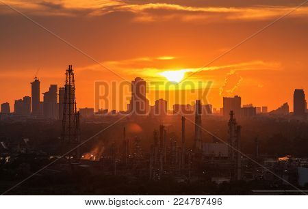 Oil Refinery with Bangkok city Evening View