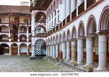Rila monastery perspective archs view, landmark of Bulgaria