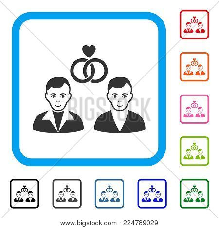 Joy Gays Marriage vector pictogram. Human face has glad sentiment. Black, gray, green, blue, red, pink color additional versions of gays marriage symbol in a rounded frame.