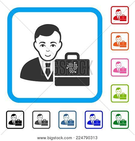 Glad Iota Accounter vector pictogram. Person face has enjoy sentiment. Black, grey, green, blue, red, orange color variants of iota accounter symbol in a rounded frame.