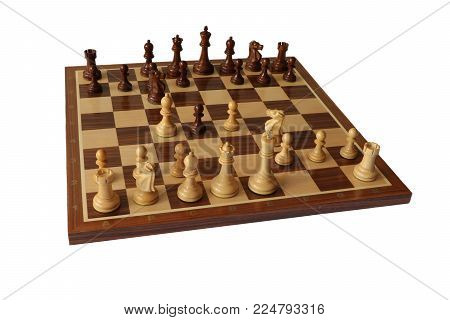Photo of chess opening on white background. Scotch Gambit.
