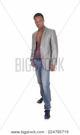 A handsome African American man standing, wearing a jacket and no
shirt, looking serious, isolated for white background