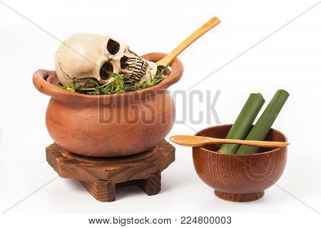 Boiled Skull In Clay Pot With Some Herb On White Background