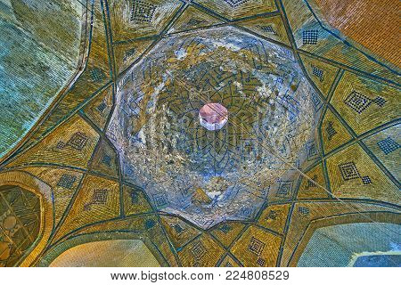 Shiraz, Iran - October 12, 2017: The Brick Dome Of Foursquare Hall In Vakil Bazaar Is Decorated With