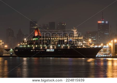 Cruise ship At the port of Bangkok at night.