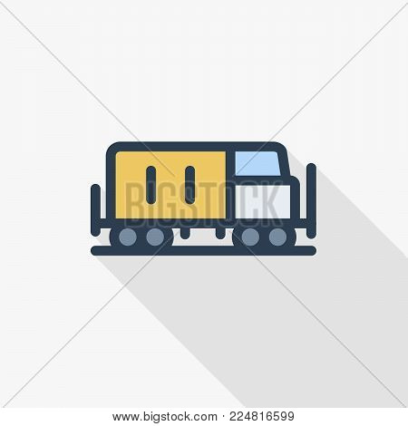 train head, railway thin line flat color icon. Linear vector illustration. Pictogram isolated on white background. Colorful long shadow design.